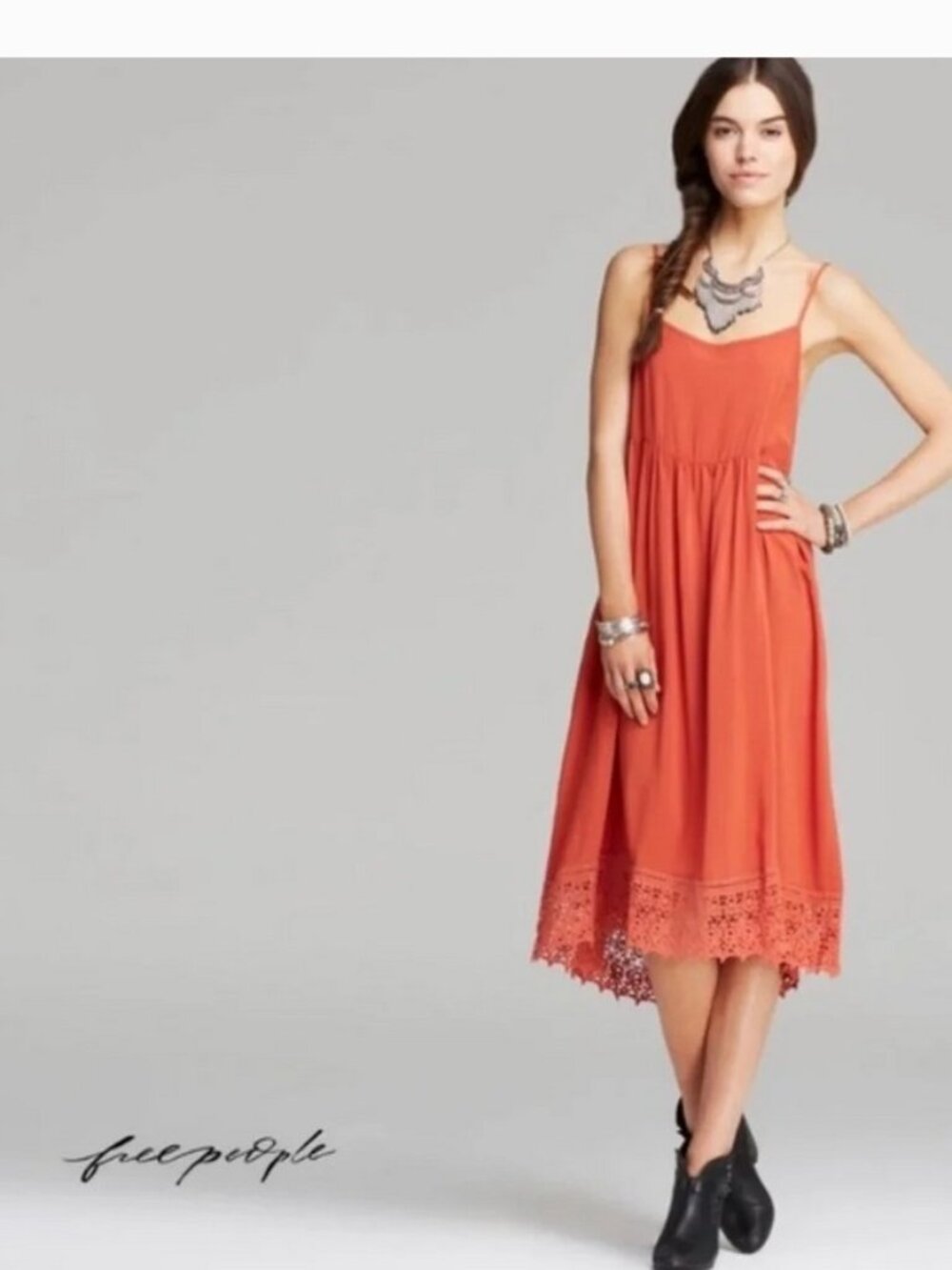 Free People Coral Pink Red Crochet Lace Midi Slip Dress
